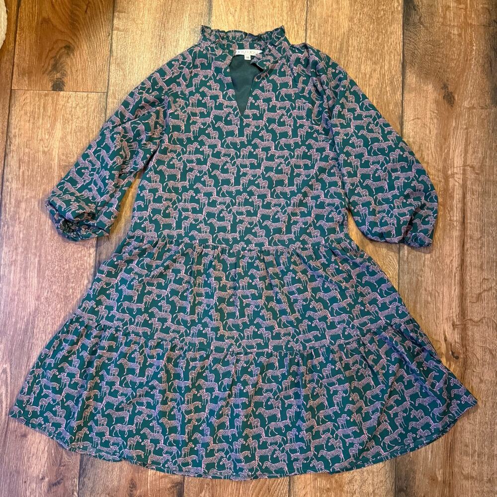 Joy Joy Women’s Zebra Print Dress – Green & Pink – Ruffle Neck – Size XS